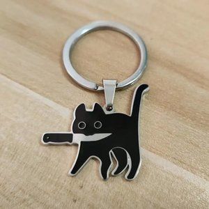 Cute Black Cat With A Knife Keychain